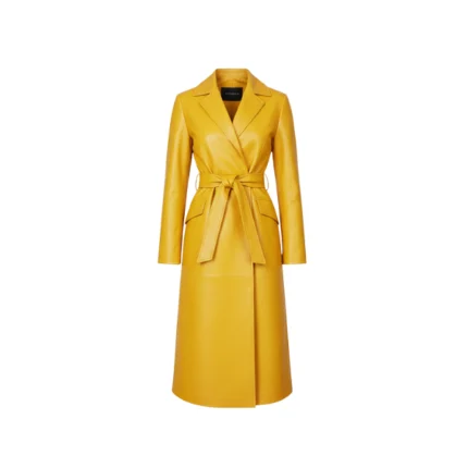Women's Yellow Leather Wrap Trench Coat Front