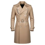 Men's Beige Leather Double Breasted Trench Coat Front