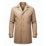 Men's Beige Leather Single Breasted Car Coat Front