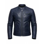 Men's Blue Cafe Racer Leather Jacket Front