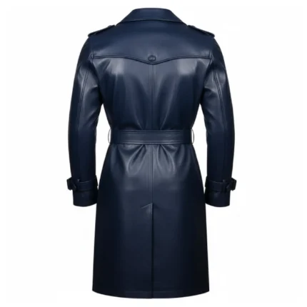 Men's Blue Leather Double Breasted Trench Coat Back