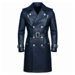 Men's Blue Leather Double Breasted Trench Coat Front