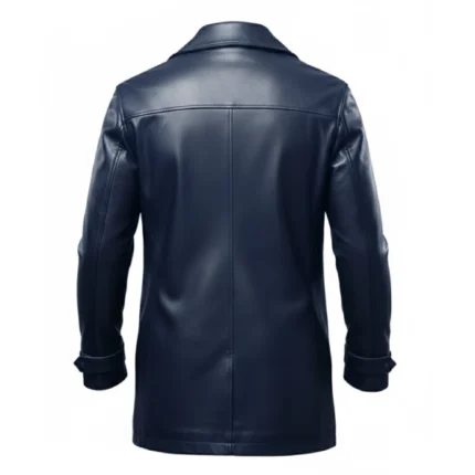 Men's Blue Leather Single Breasted Car Coat Back