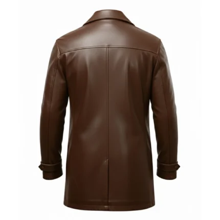 Men's Brown Leather Single Breasted Car Coat Back