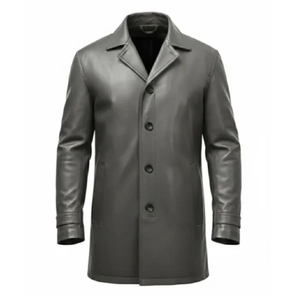 Men's Grey Leather Single Breasted Car Coat Front