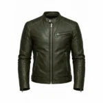 Men's Olive Green Cafe Racer Leather Jacket Front