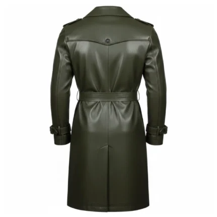 Men's Olive Green Leather Double Breasted Trench Coat Back