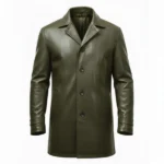 Men's Olive Green Leather Single Breasted Car Coat Front