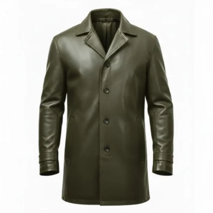 Men's Olive Green Leather Single Breasted Car Coat Front
