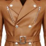 Men's Tan Leather Double Breasted Trench Coat Closure