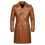 Men's Tan Leather Double Breasted Trench Coat Front