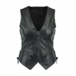 Women's Black Leather Biker Vest Front
