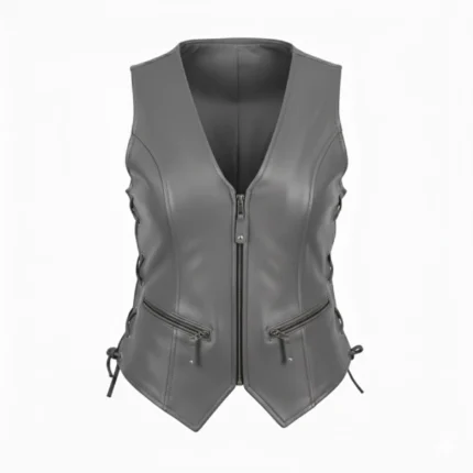 Women's Grey Leather Biker Vest Front