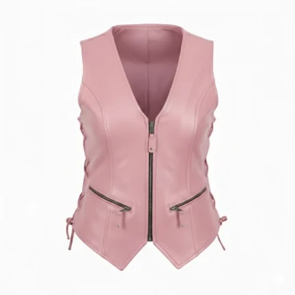 Women's Pink Leather Biker Vest Front