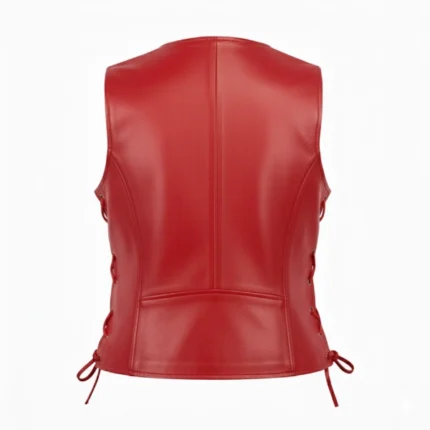 Women's Red Leather Biker Vest Back