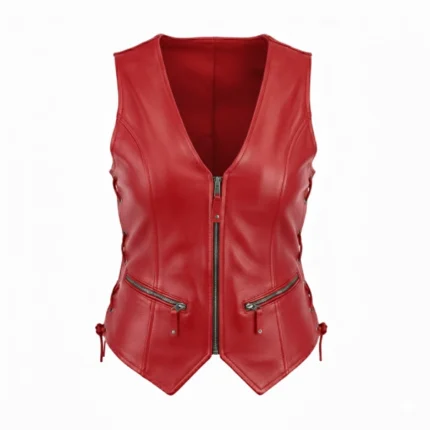 Women's Red Leather Biker Vest Front